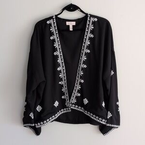 Long Tall Sally Embroidered Kimono Jacket Black Lined Boho Lagenlook US 14